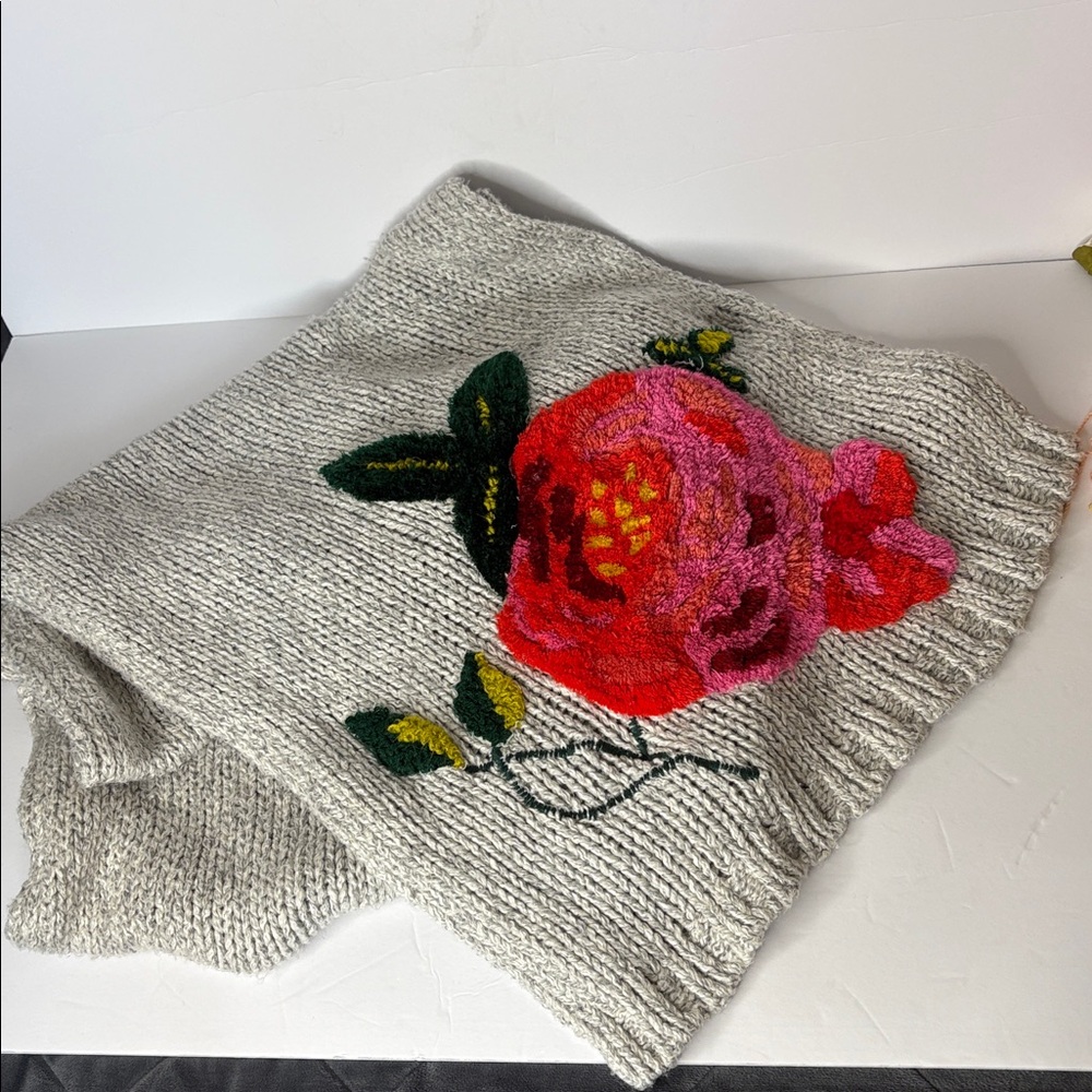 Nathalie Lete x Anthropologie Grey and Floral Embroidery Knit Scarf - Picture 3 of 9